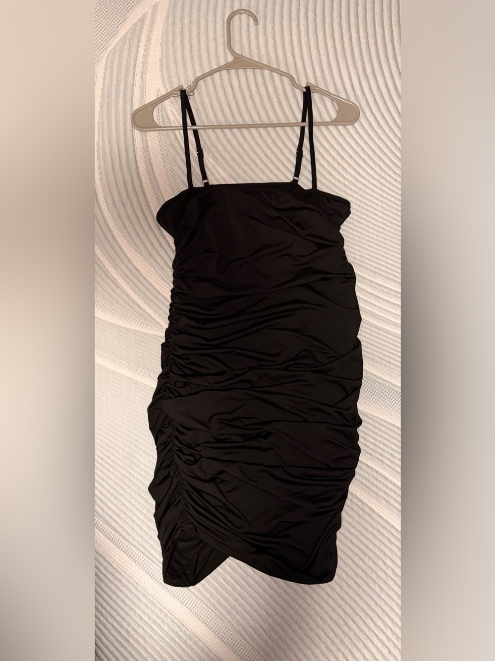 Ruched Black Spaghetti Strap Mini Dress